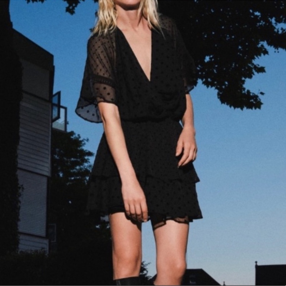 Zara Black Swiss Dot Ruffle Mini Dress Size S - Picture 2 of 14